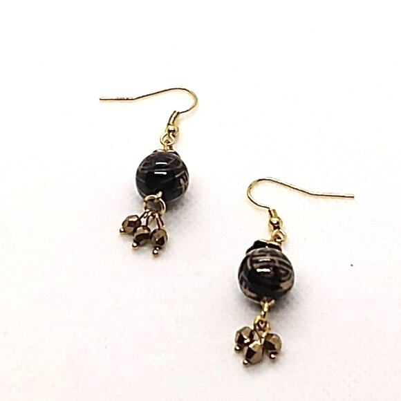 Black Gold Drop Earrings Hypoallergenic Fishhook Ear Wires Gold Tone Handmade - Picture 1 of 3